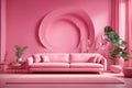 Fashionable comfortable stylish pink fabric sofa on pink background. Generative AI Illustration.