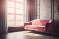 Fashionable comfortable stylish sofa made of pink fabric with a pink background with a shadow. Pink interior, showroom, the only Royalty Free Stock Photo