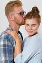 Fashionable couple, Young beautiful couple in casual clothes, Portrait of a woman and man, Close up of a couple hugging at home Royalty Free Stock Photo