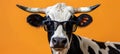 Fashionable cow in sunglasses poses against soft pastel studio backdrop, exuding playful vibes.