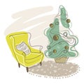 Fashionable cozy armchair and Christmas tree and fluffy carpet, living room fragment color sketch drawing, vector