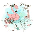 Fashionable cute pink flamingo with a bag on the sea beach. Summer time. Vector Royalty Free Stock Photo