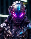 A fashionable cyberpunk warrior with integrated LEDs and holographic elements on his armor