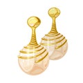 Fashionable dangling spiral shape yellow gold earrings with natural white pearl.