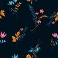 Fashionable dark floral pattern in many kinds of colors. Botanical motives are scattered randomly.