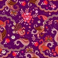 Fashionable design for scarf. Seamless ethnic pattern with fantasy birds, bouquet of flowers, leaves and paisley. Vector