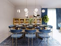 Fashionable designer dining table, black countertop, blue chairs, yellow furniture, dining area with kitchen multi-colored meel