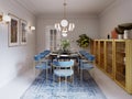 Fashionable designer dining table, black countertop, blue chairs, yellow furniture, dining area with kitchen multi-colored meel