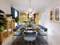 Fashionable designer dining table, black countertop, blue chairs, yellow furniture, dining area with kitchen multi-colored meel