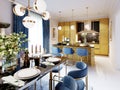 Fashionable designer dining table, black countertop, blue chairs, yellow furniture, dining area with kitchen multi-colored meel