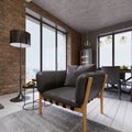 Fashionable designer leather armchair with a black floor lamp in loft-style apartments