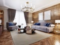 Fashionable designer living room interior in warm colors. Artdeco upholstered furniture, coffee table, side table with lamp, metal