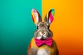 Fashionable Easter bunny on colorful background. Trendy advertising banner poster