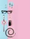 Fashionable female accessories watch, glasses, earrings, perfume, rings and necklace with copy space