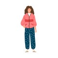 Fashionable female in 80s street style vector flat illustration. Trendy woman in outfit of 1980 wearing casual pants and