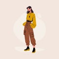 Fashionable flat girl. Young trendy women in stylish casual hipster clothes, trendy fashionista character, social media