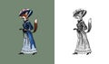 Fashionable fox in clothes. Antique lady. Victorian dame. Ancient Retro Clothing. Woman in dress. Vintage engraving