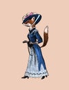 Fashionable fox in clothes. Antique lady. Victorian dame. Ancient Retro Clothing. Woman in dress. Vintage engraving