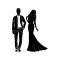 Fashionable girl and guy vector. Fashion. Man and woman silhouette vector. Fashionable young couple. Girl in a long evening dress. Royalty Free Stock Photo