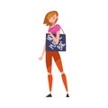 Fashionable Girl Standing with Shopping Bag with No Plastic Bag Inscription, Female Eco Friendly Character, Zero Waste