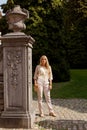 Girl walking park grass trees, Great Beguinage, Groot Begijnhof, Leuven, Belgium Royalty Free Stock Photo