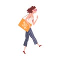 Fashionable Girl Walking with Paper Shopping Bag with No Plastic Bag Inscription, Female Eco Friendly Character, Zero