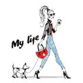 Fashionable girl walks with a small dog. Stylish graphics. Vector Royalty Free Stock Photo