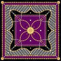 Fashionable Golden Chains, Jewelry Accessories, and Straps Pattern on Purple Background. Silk Shawl Textile Print, Scarf Design fo