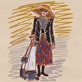 Fashionable grandma in a hat . Sketch . Illustration