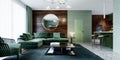 Fashionable green color living room with corner sofa and wood paneling on the walls and with a round mirror with light