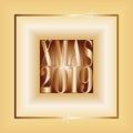 Fashionable greeting card Merry Christmas 2019. Gradient metallic background and frame.