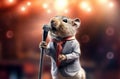 Fashionable hamster in suit sings into a microphone on stage