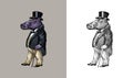 Fashionable hippopotamus. Antique gentleman in a jacket and a top hat. Victorian Ancient Retro Clothing. A man in a suit