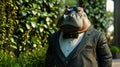 Fashionable hippopotamus graces city streets in tailored elegance, epitomizing street style