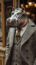 Fashionable hippopotamus graces city streets in tailored elegance, epitomizing street style