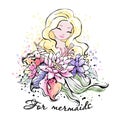 Fashionable ink and watercolor style. Print for clothes and fabrics. For mermaid text. Digital drawing