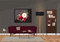 Fashionable interior design with a velvet sofa of ruby color. Royalty Free Stock Photo