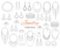 Fashionable jewelry collection, vector hand drawn doodle illustration.