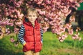 Fashionable kid in spring park. Kids emotioons and expression. Fashion, lifestyle and spring. Handsome stylish boy posing over