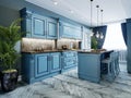 Fashionable kitchen with blue walls and blue furniture, a kitchen in a modern classic style