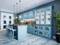 Fashionable kitchen with blue walls and blue furniture, a kitchen in a modern classic style