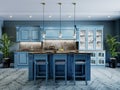 Fashionable kitchen with blue walls and blue furniture, a kitchen in a modern classic style