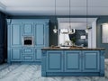 Fashionable kitchen with blue walls and blue furniture, a kitchen in a modern classic style