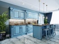 Fashionable kitchen with blue walls and blue furniture, a kitchen in a modern classic style