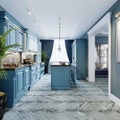 Fashionable kitchen with blue walls and blue furniture, a kitchen in a modern classic style