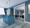 Fashionable kitchen with blue walls and blue furniture, a kitchen in a modern classic style