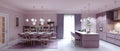 Fashionable kitchen interior with dining room in lilac color