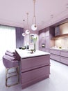 Fashionable kitchen in a trend style lilac color furniture and modern design