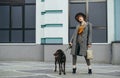 Fashionable lady in coat and hat stands with dog on leash against wall background, looks into camera with serious face and pack in