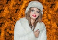 Fashionable lady wearing fur cap and coat outdoor. Portrait of young beautiful woman in winter style. Bright picture of girl Royalty Free Stock Photo